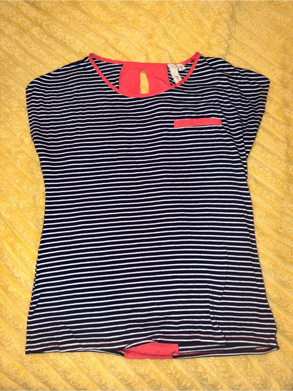 Robin K Navy & White Striped Tee with Coral Trim size Medium